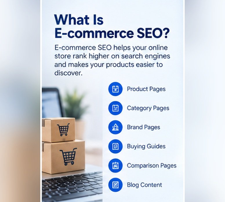 What is E-commerce SEO - product pages, category pages, brand pages, buying guides, comparison pages, blog content