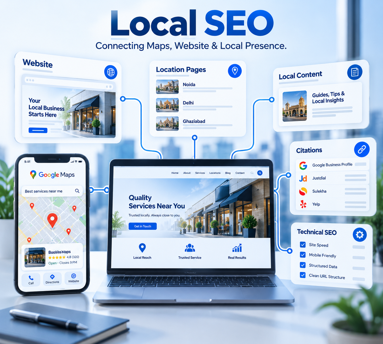 Local SEO connecting Google Maps, website and local presence