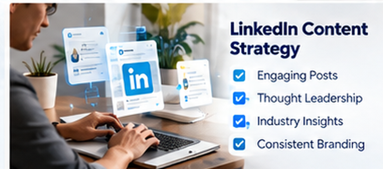 LinkedIn content strategy - engaging posts, thought leadership, industry insights, consistent branding