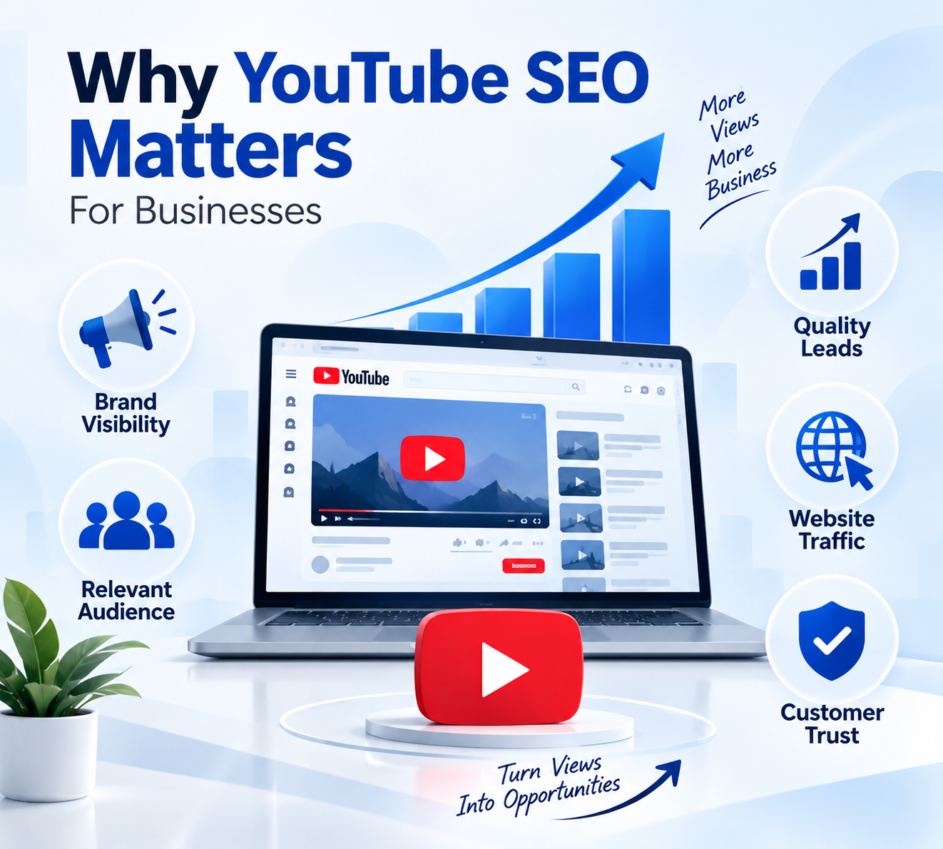 Why YouTube SEO matters for businesses - brand visibility, quality leads, website traffic, customer trust